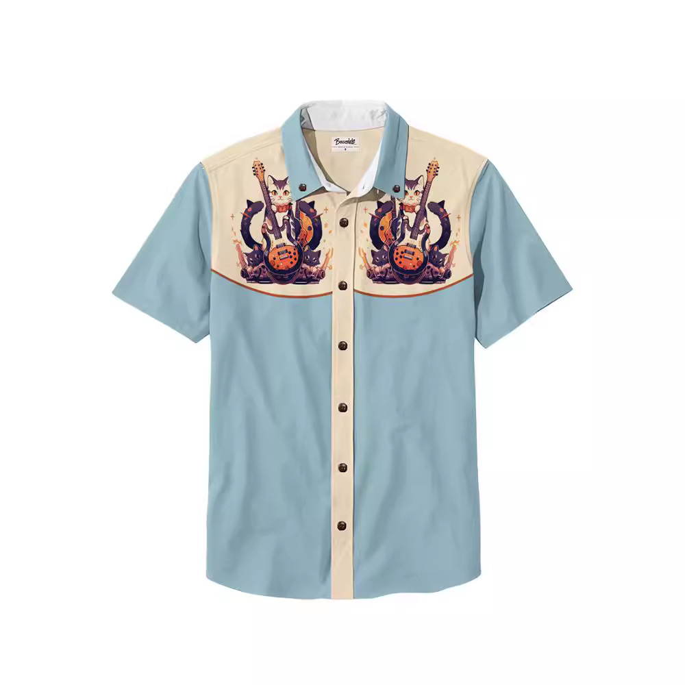 Men's Beach Vacation Loose Top Lapel Short Sleeve Button Down Shirt - 100% Cotton Shirt