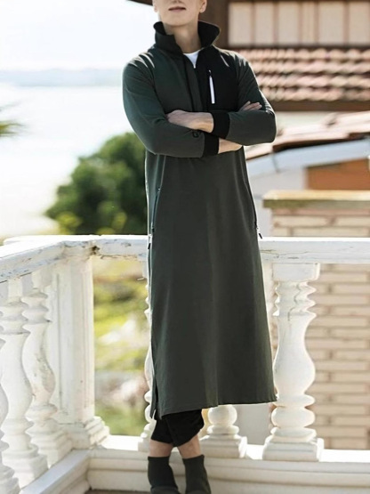 Men's Long Sleeve Hooded Drawstring Long Sweatshirt Vintage Zipper Pockets Robe Man