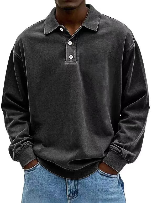 Men's Retro Washed Distressed Cotton Lapel Long Sleeve Polo Shirt