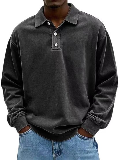Men's Retro Washed Distressed Cotton Lapel Long Sleeve Polo Shirt