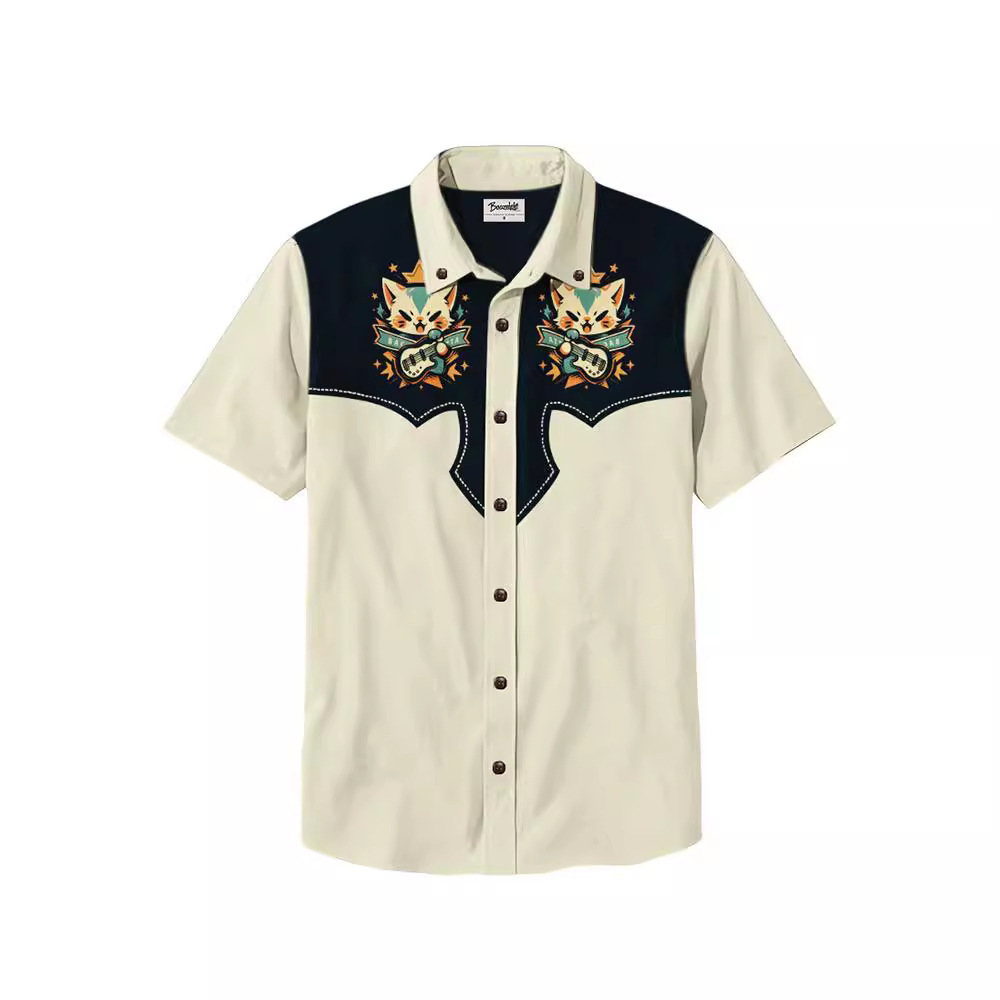 Men's Beach Vacation Loose Top Lapel Short Sleeve Button Down Shirt - 100% Cotton Shirt