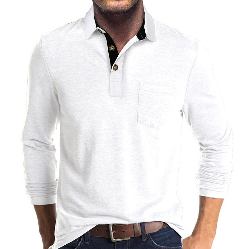 Men's Casual Polo Shirts Classic Button Basic Long Sleeve Shirt Solid Color Cotton Tees Stylish Tops