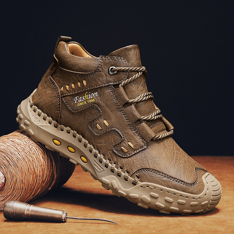 Men's Brown Faux Leather Outdoor Hiking Boots with Handcrafted Stitching, Lace-Up Design, and Non-Slip Sole - Durable and Comfortable Adventure Footwear