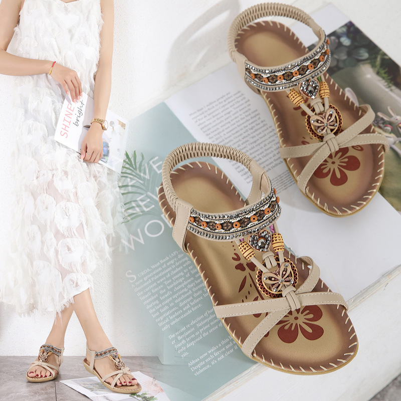 🔥Last Day Promotion 70% OFF🔥Women's Rhinestone Butterfly Flat Sandals, Boho Style Open Toe Elastic Strap Summer Shoes, Casual Slip On Beach Sandals for Holiday