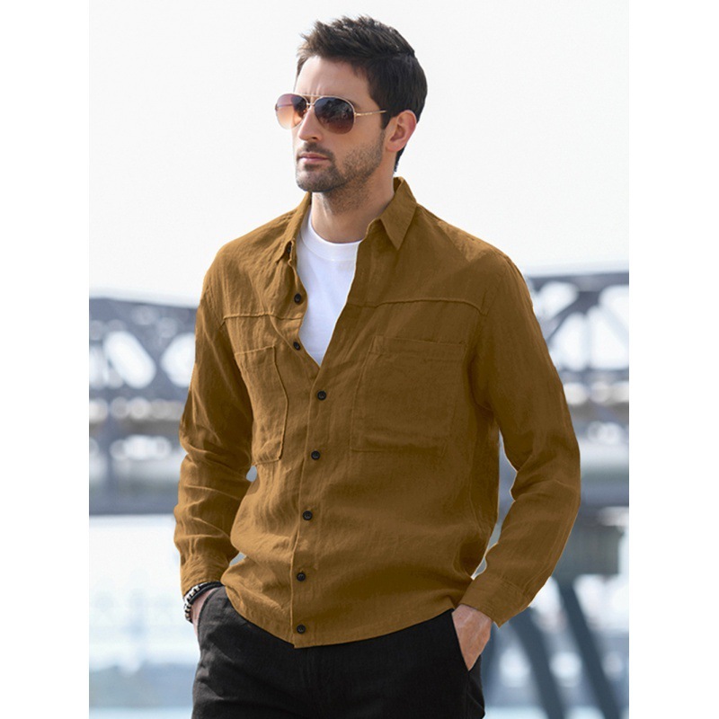 Men's Solid Color Shirt with Double Pockets and Lapel