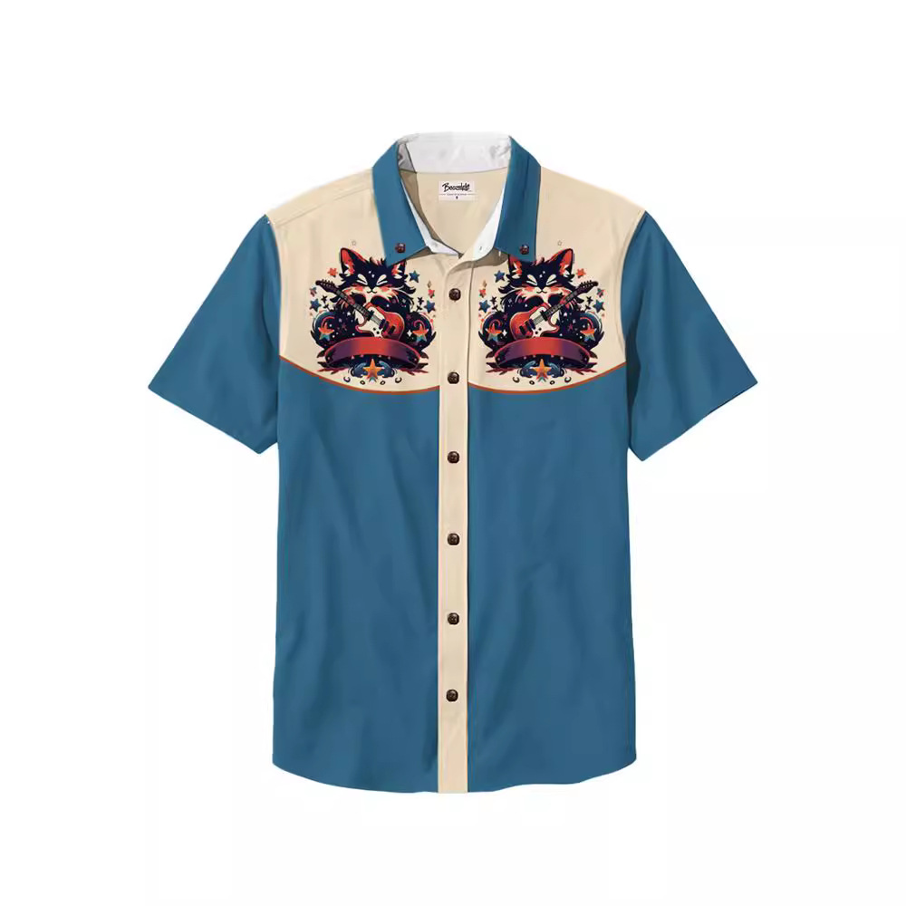 Men's Beach Vacation Loose Top Lapel Short Sleeve Button Down Shirt - 100% Cotton Shirt