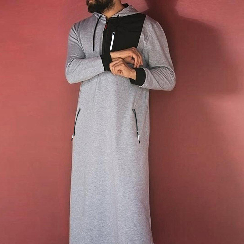 Men's Long Sleeve Hooded Drawstring Long Sweatshirt Vintage Zipper Pockets Robe Man