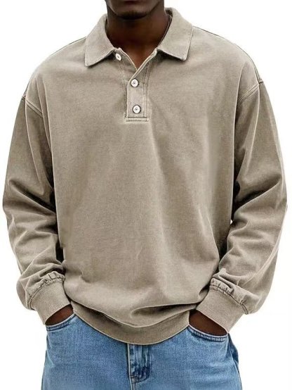 Men's Retro Washed Distressed Cotton Lapel Long Sleeve Polo Shirt