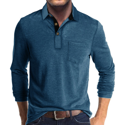 Men's Casual Polo Shirts Classic Button Basic Long Sleeve Shirt Solid Color Cotton Tees Stylish Tops