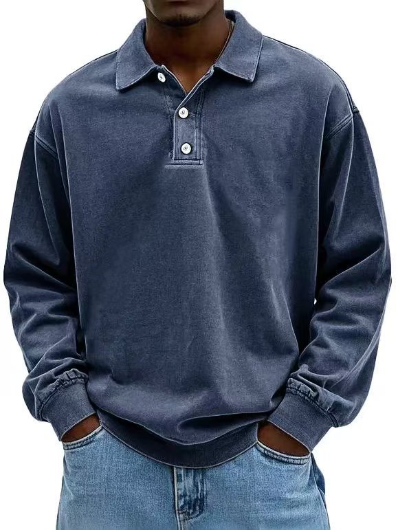 Men's Retro Washed Distressed Cotton Lapel Long Sleeve Polo Shirt