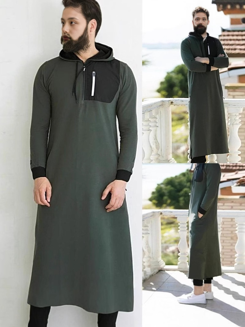 Men's Long Sleeve Hooded Drawstring Long Sweatshirt Vintage Zipper Pockets Robe Man