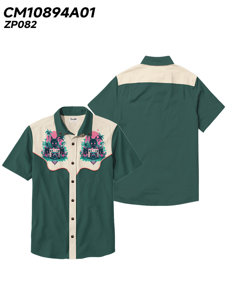 Men's Beach Vacation Loose Top Lapel Short Sleeve Button Down Shirt - 100% Cotton Shirt