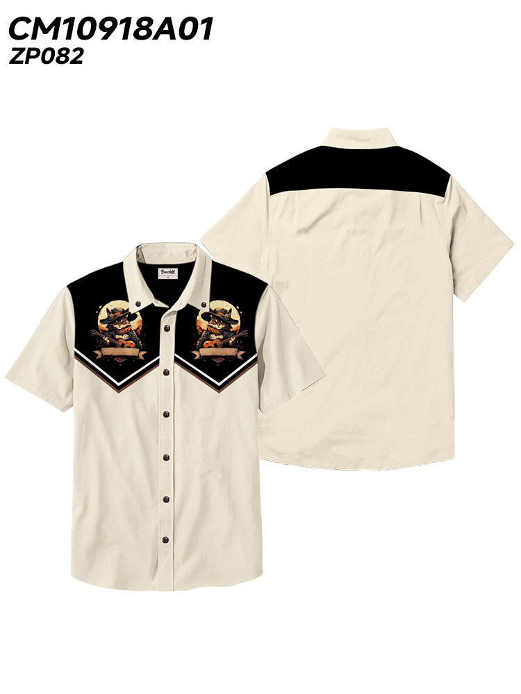 Men's Beach Vacation Loose Top Lapel Short Sleeve Button Down Shirt - 100% Cotton Shirt