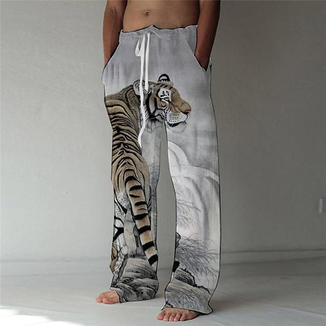 Men's Beach Pants Drawstring Elastic Waist Front Pocket Tiger Pattern Comfortable Soft Casual Everyday Fashion Designer