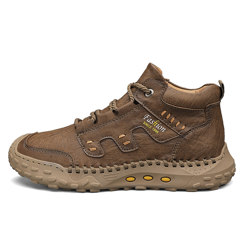 Men's Brown Faux Leather Outdoor Hiking Boots with Handcrafted Stitching, Lace-Up Design, and Non-Slip Sole - Durable and Comfortable Adventure Footwear