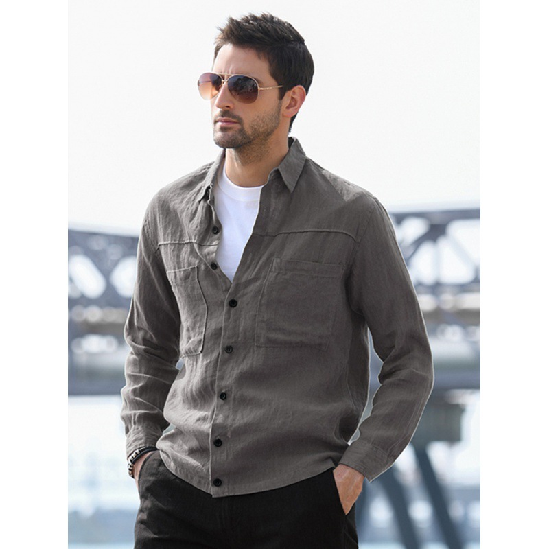 Men's Solid Color Shirt with Double Pockets and Lapel