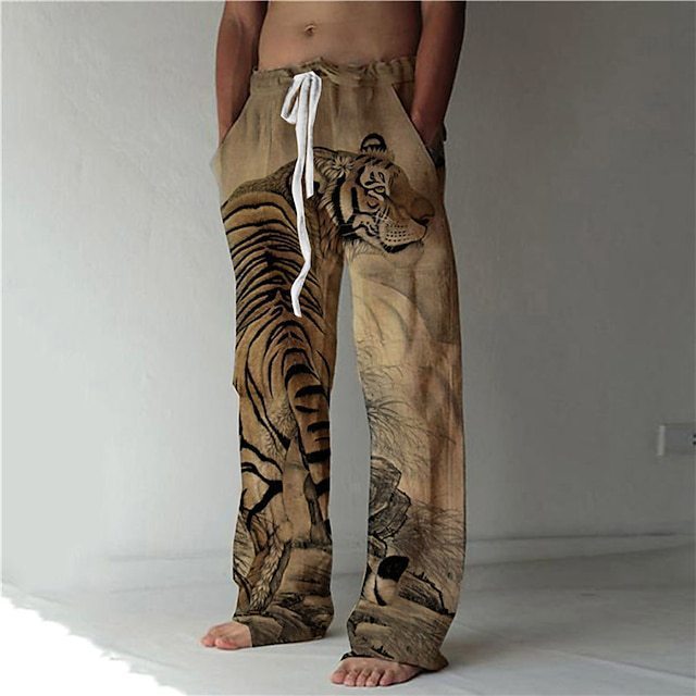 Men's Beach Pants Drawstring Elastic Waist Front Pocket Tiger Pattern Comfortable Soft Casual Everyday Fashion Designer