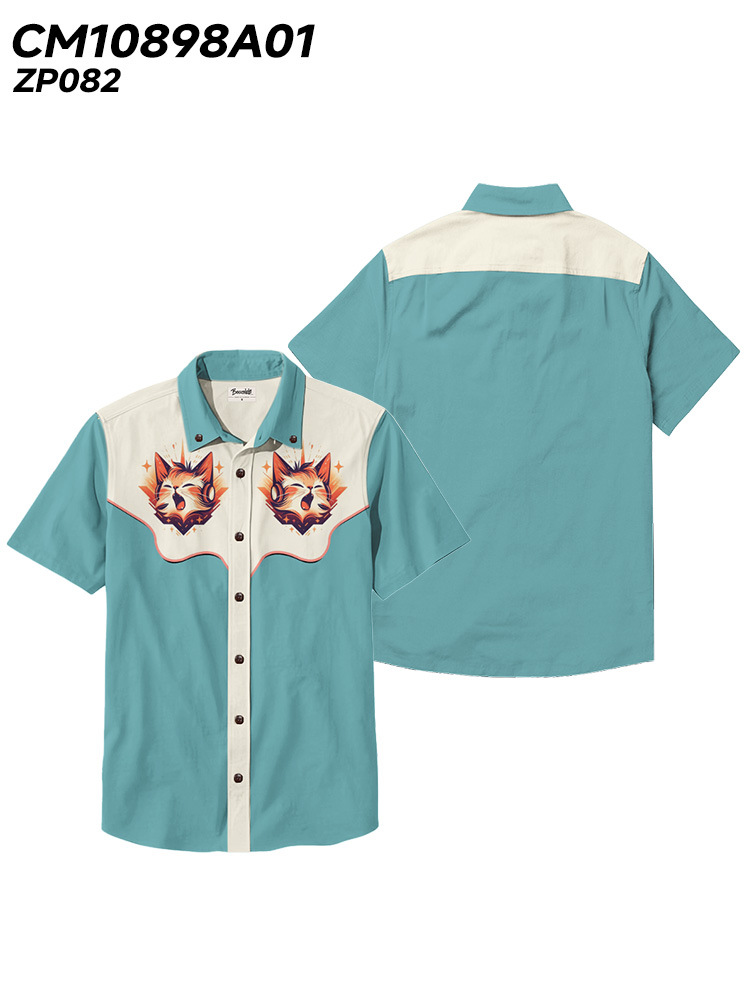 Men's Beach Vacation Loose Top Lapel Short Sleeve Button Down Shirt - 100% Cotton Shirt