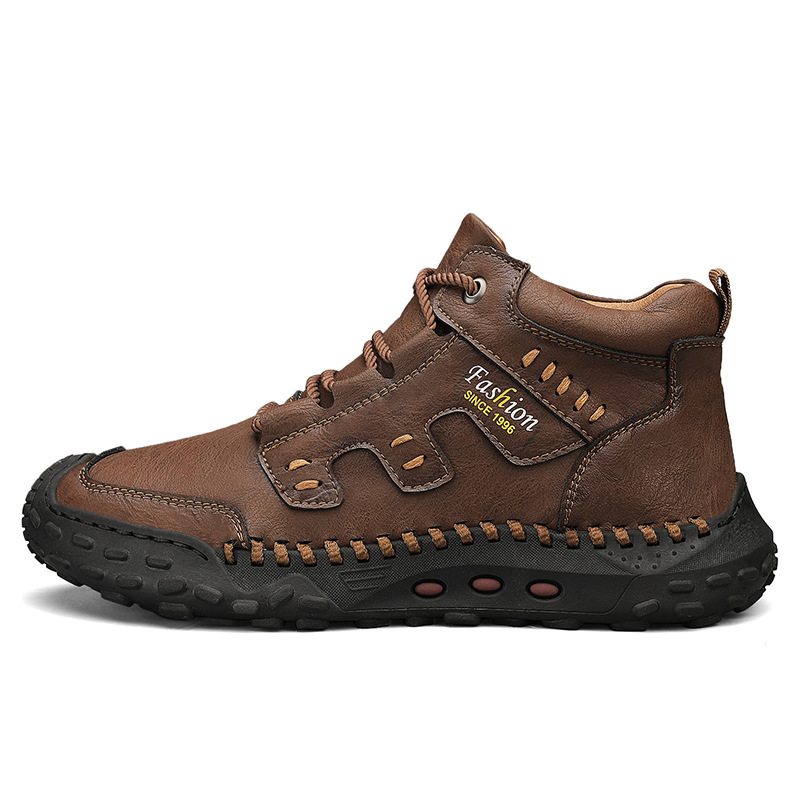 Men's Brown Faux Leather Outdoor Hiking Boots with Handcrafted Stitching, Lace-Up Design, and Non-Slip Sole - Durable and Comfortable Adventure Footwear