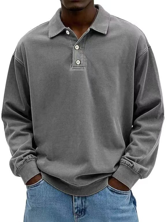 Men's Retro Washed Distressed Cotton Lapel Long Sleeve Polo Shirt