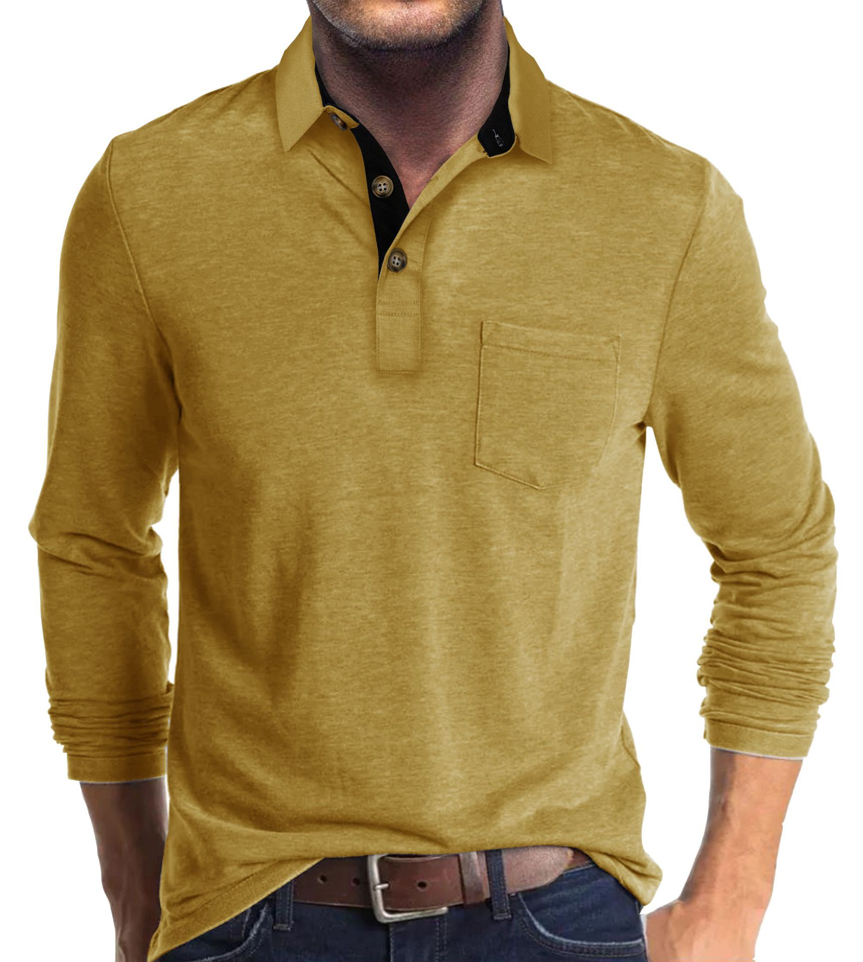 Men's Casual Polo Shirts Classic Button Basic Long Sleeve Shirt Solid Color Cotton Tees Stylish Tops