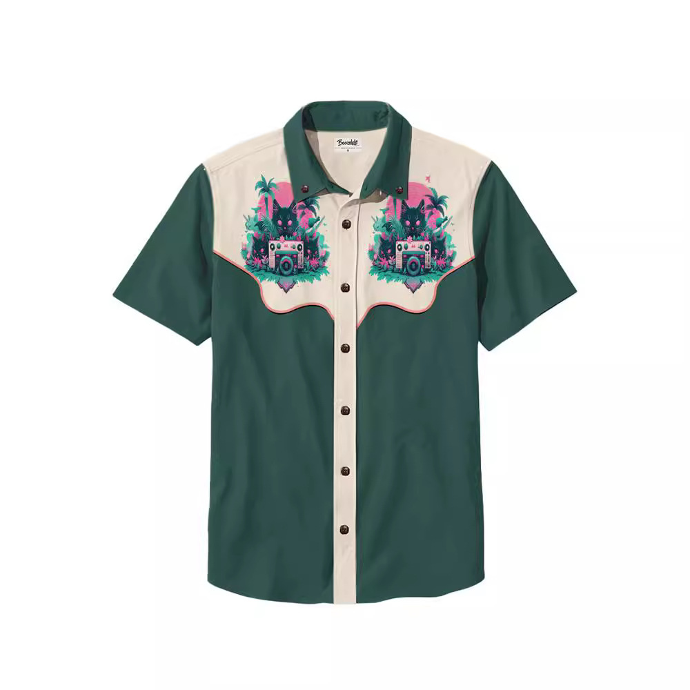 Men's Beach Vacation Loose Top Lapel Short Sleeve Button Down Shirt - 100% Cotton Shirt