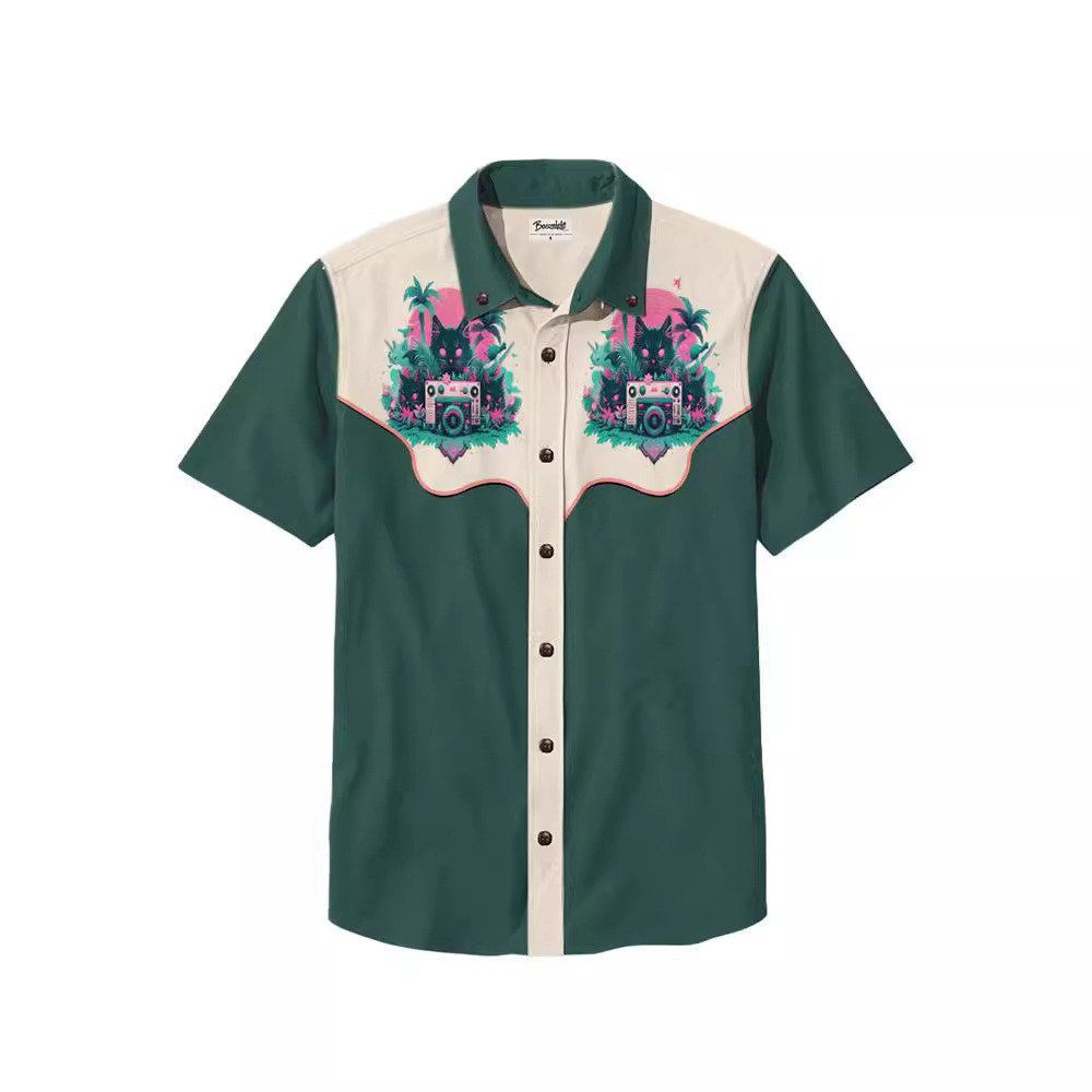 Men's Beach Vacation Loose Top Lapel Short Sleeve Button Down Shirt - 100% Cotton Shirt