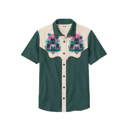 Men's Beach Vacation Loose Top Lapel Short Sleeve Button Down Shirt - 100% Cotton Shirt