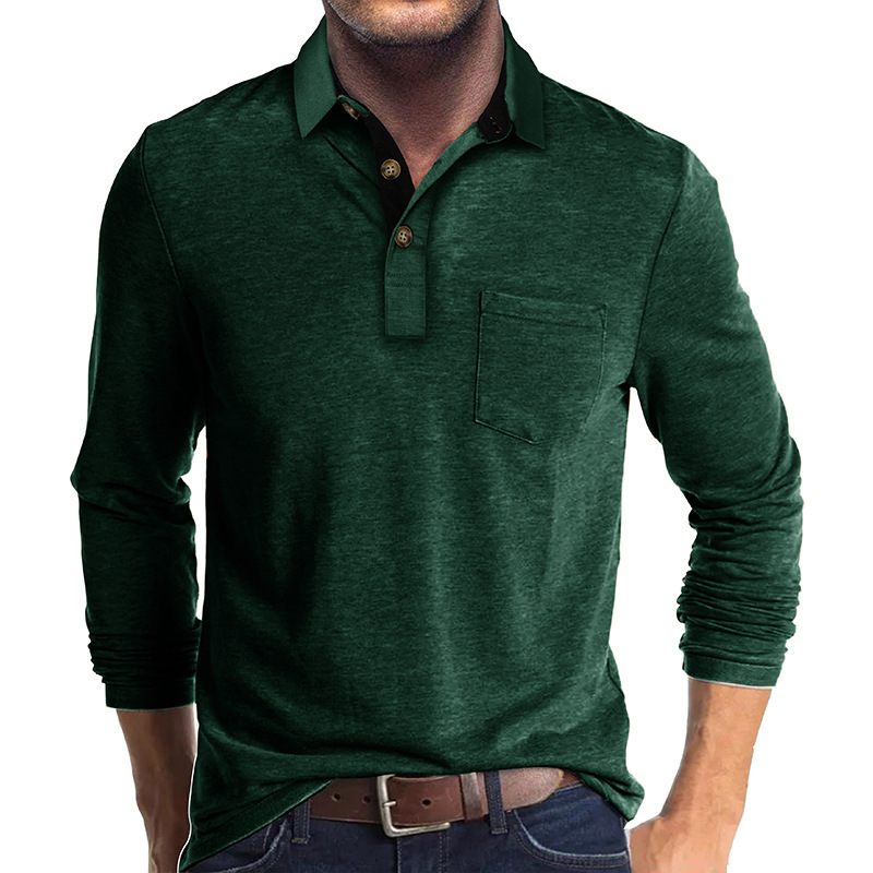 Men's Casual Polo Shirts Classic Button Basic Long Sleeve Shirt Solid Color Cotton Tees Stylish Tops