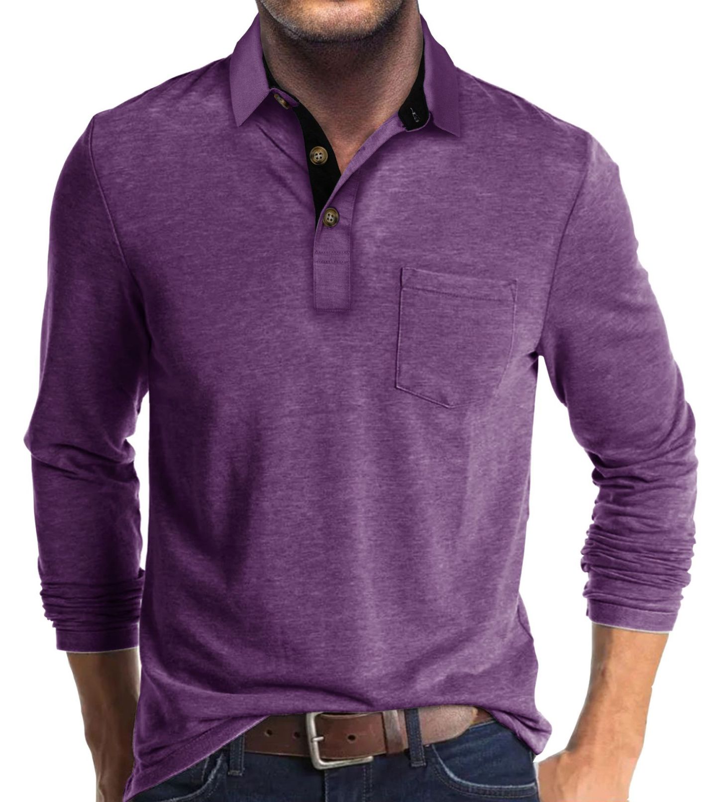 Men's Casual Polo Shirts Classic Button Basic Long Sleeve Shirt Solid Color Cotton Tees Stylish Tops