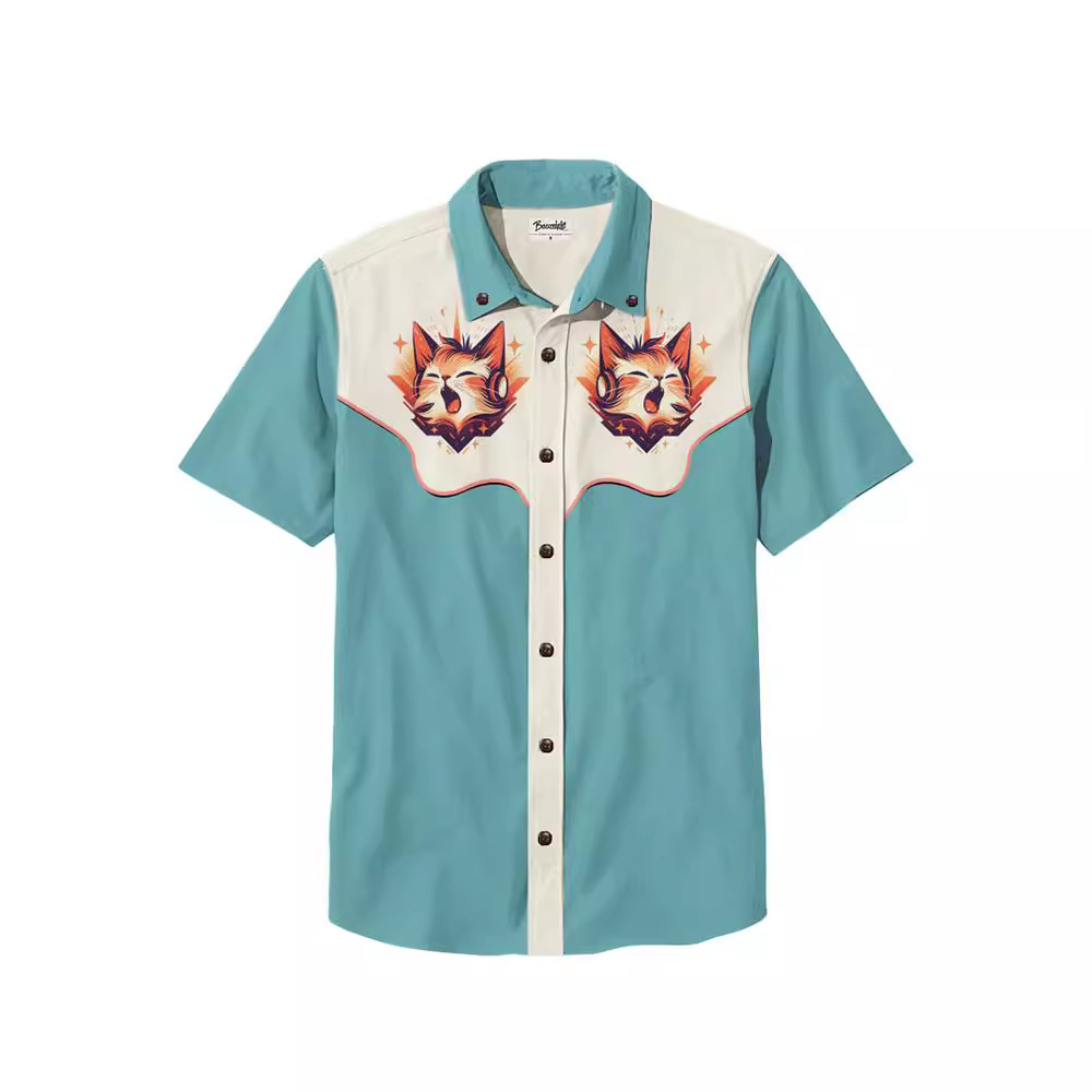 Men's Beach Vacation Loose Top Lapel Short Sleeve Button Down Shirt - 100% Cotton Shirt