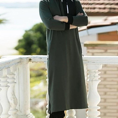 Men's Long Sleeve Hooded Drawstring Long Sweatshirt Vintage Zipper Pockets Robe Man