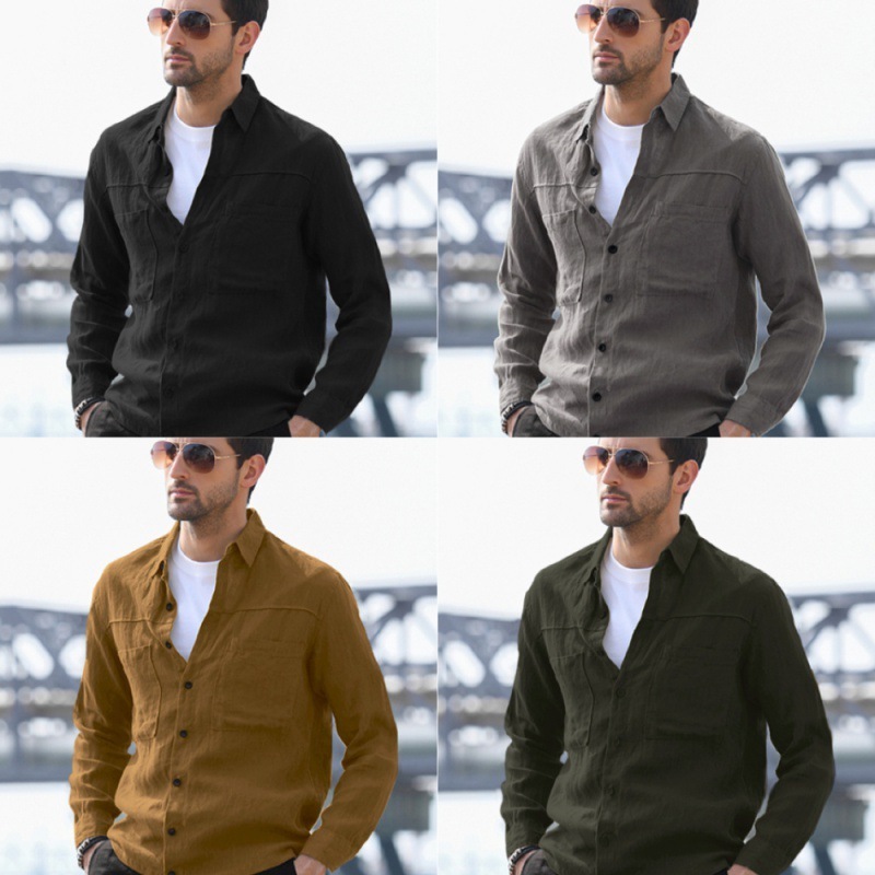 Men's Solid Color Shirt with Double Pockets and Lapel
