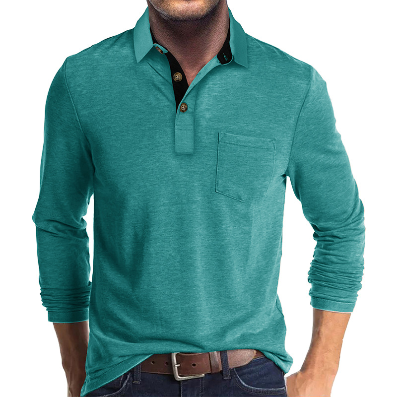 Men's Casual Polo Shirts Classic Button Basic Long Sleeve Shirt Solid Color Cotton Tees Stylish Tops