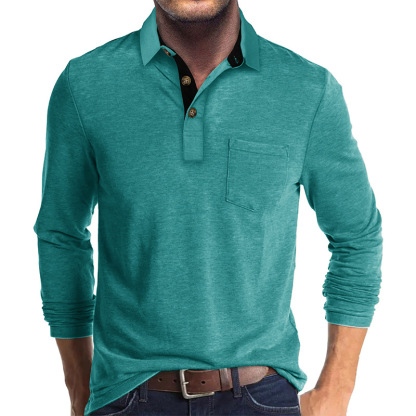 Men's Casual Polo Shirts Classic Button Basic Long Sleeve Shirt Solid Color Cotton Tees Stylish Tops