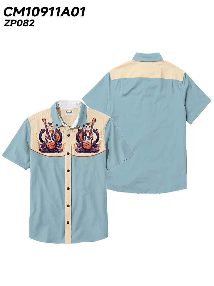 Men's Beach Vacation Loose Top Lapel Short Sleeve Button Down Shirt - 100% Cotton Shirt