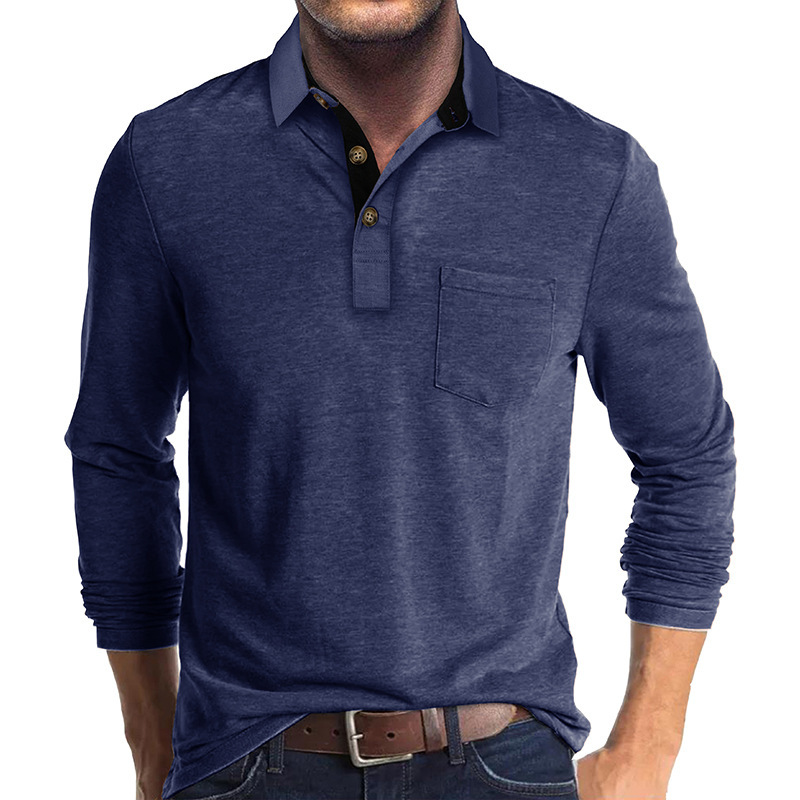 Men's Casual Polo Shirts Classic Button Basic Long Sleeve Shirt Solid Color Cotton Tees Stylish Tops