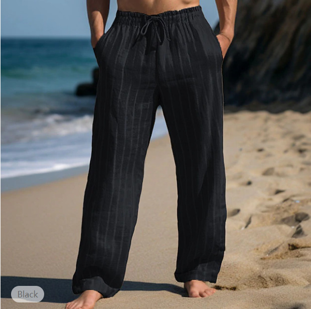 Men's Linen Pants Trousers Summer Pants Beach Pants Drawstring Elastic Waist Straight Leg Stripe Comfort Breathable Full Length Casual Daily Holiday Vacation Fashion Black White