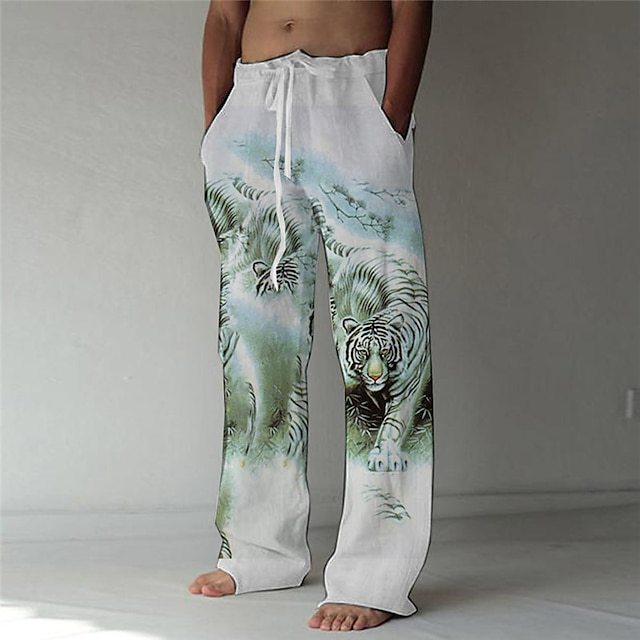 Men's Beach Pants Drawstring Elastic Waist Front Pocket Tiger Pattern Comfortable Soft Casual Everyday Fashion Designer