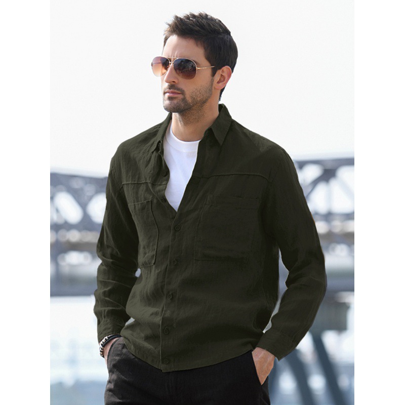 Men's Solid Color Shirt with Double Pockets and Lapel