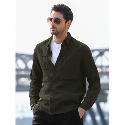 Men's Solid Color Shirt with Double Pockets and Lapel