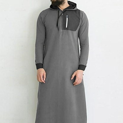 Men's Long Sleeve Hooded Drawstring Long Sweatshirt Vintage Zipper Pockets Robe Man