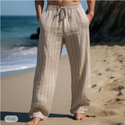 Men's Linen Pants Trousers Summer Pants Beach Pants Drawstring Elastic Waist Straight Leg Stripe Comfort Breathable Full Length Casual Daily Holiday Vacation Fashion Black White