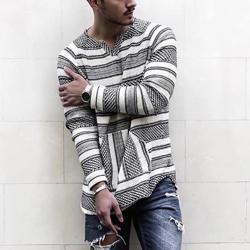 Men's Casual Collarless Loose Striped T-Shirt