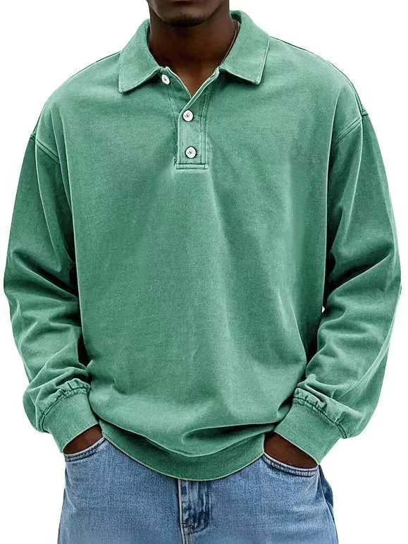 Men's Retro Washed Distressed Cotton Lapel Long Sleeve Polo Shirt