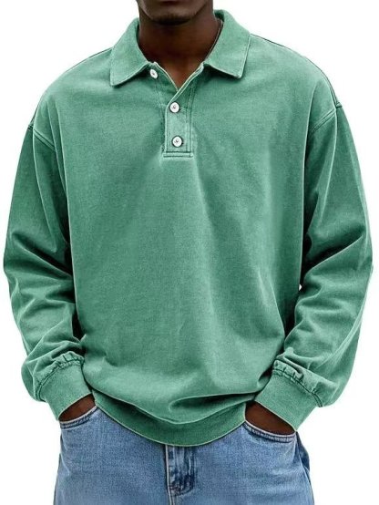 Men's Retro Washed Distressed Cotton Lapel Long Sleeve Polo Shirt