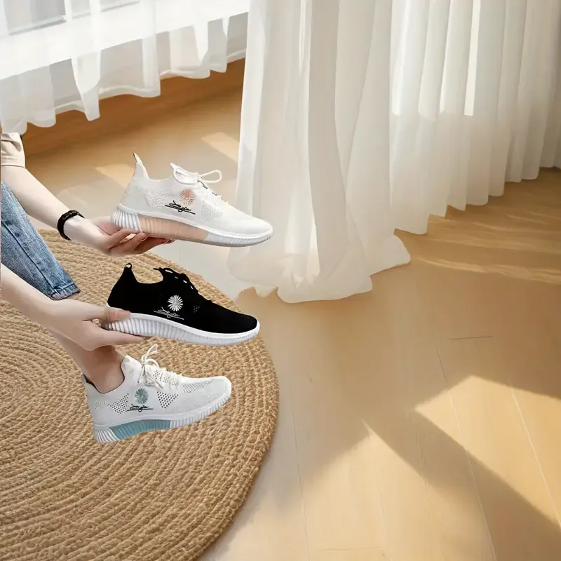 Breathable & Stylish Women's Running Shoes - Soft Sole, Lightweight, Mesh Upper with Floral Embroidery, Casual Outdoor Sports Footwear in White, Ladies Sneakers