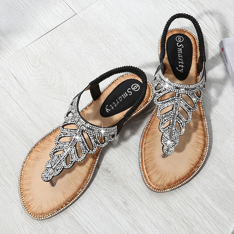 T-strap Leaf Rhinestone Flats Sandals