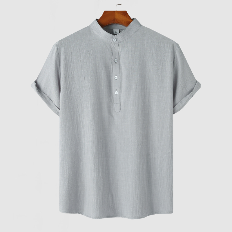 Men's Stand Collar Cotton Linen Short Sleeve Shirt