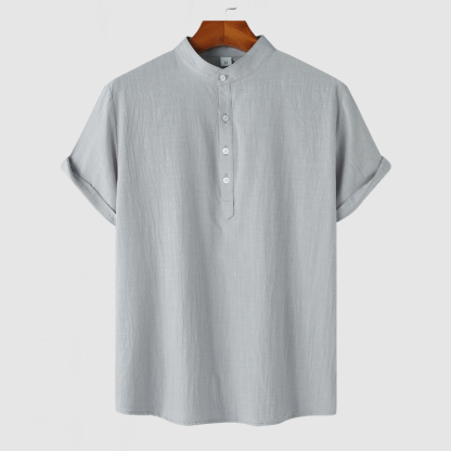 Men's Stand Collar Cotton Linen Short Sleeve Shirt
